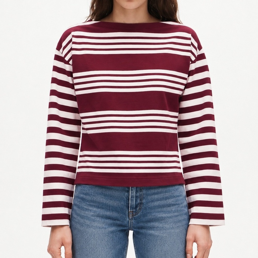 J Crew Cinched Waist Shirt Striped Heavyweight Cotton Maroon Red White Top XL